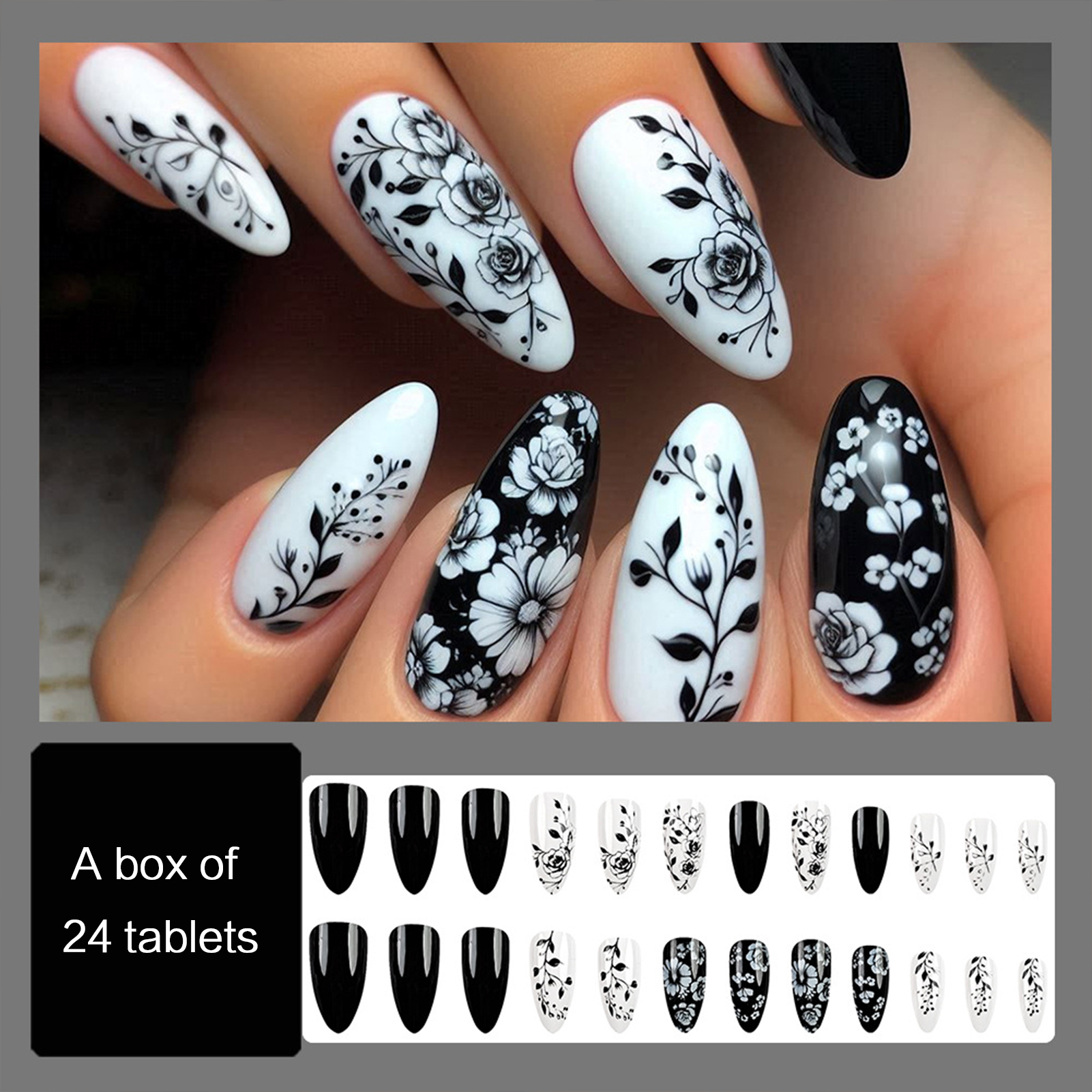 24Pcs Almond Fake Nails Black/ - Pressed Flower Art avaliação e preço