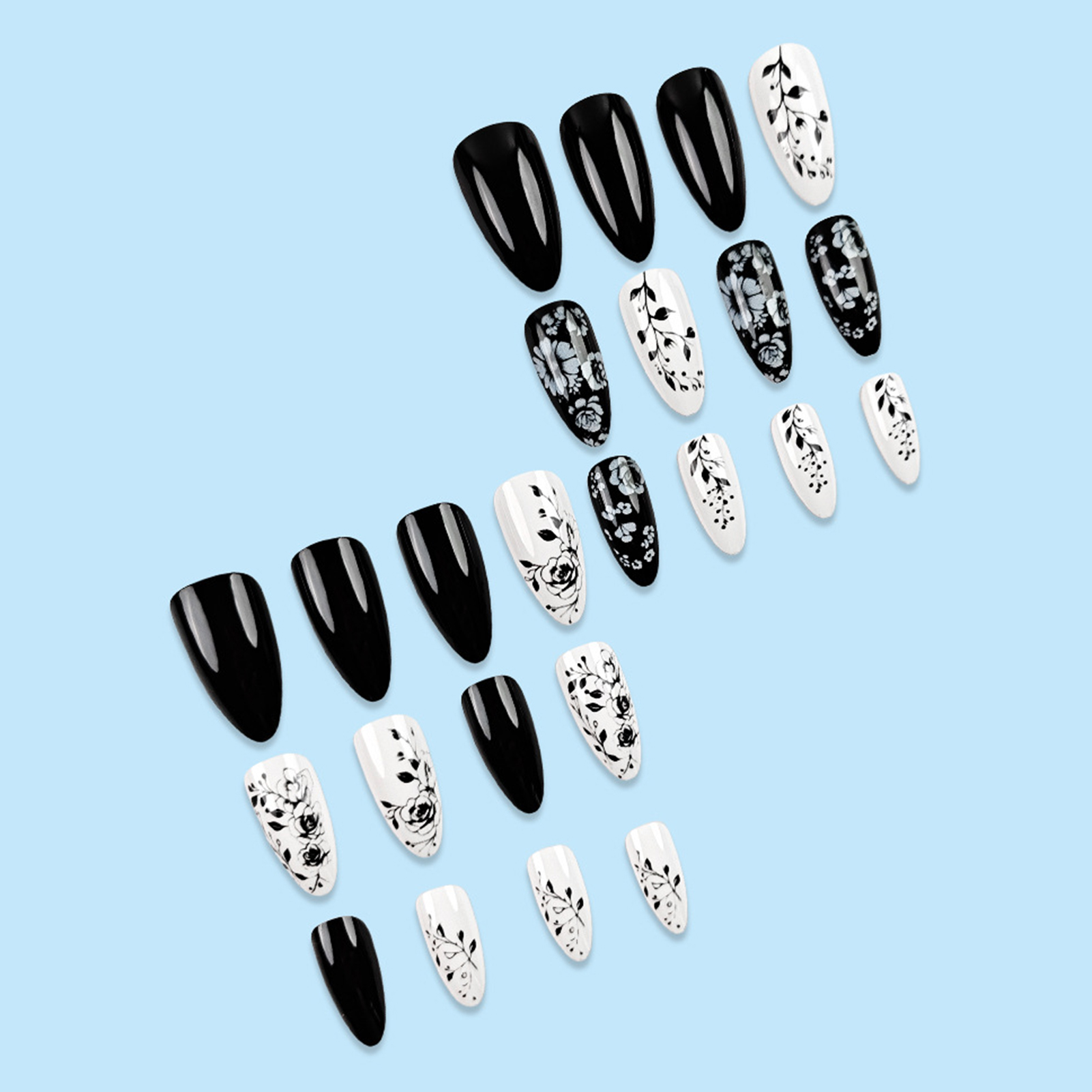 24Pcs Almond Fake Nails Black/ - Pressed Flower Art avaliação e preço