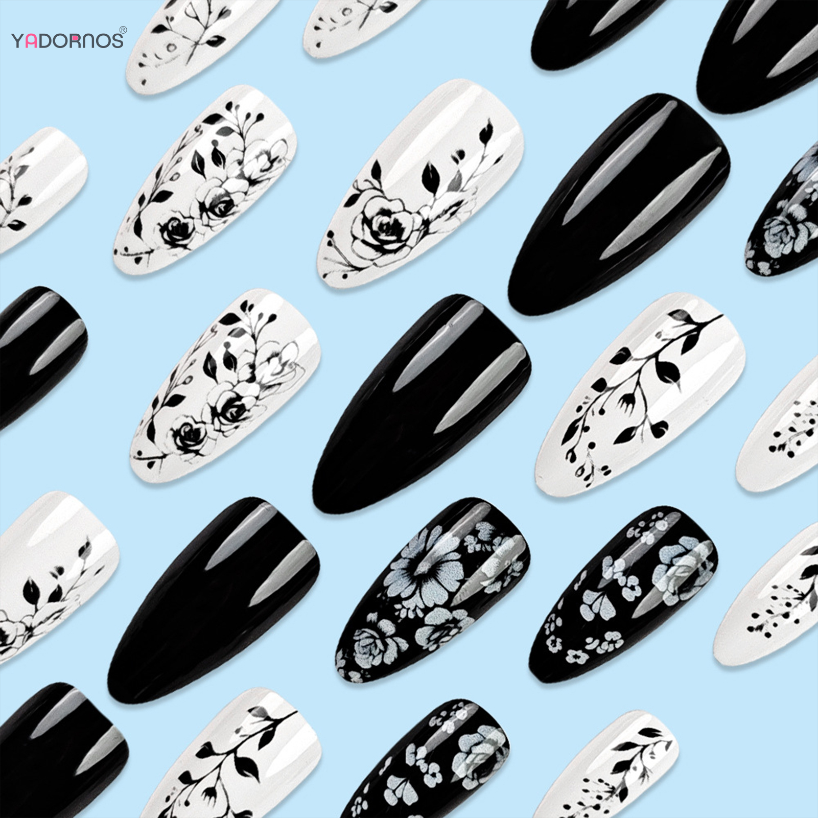 24Pcs Almond Fake Nails Black/ - Pressed Flower Art avaliação e preço