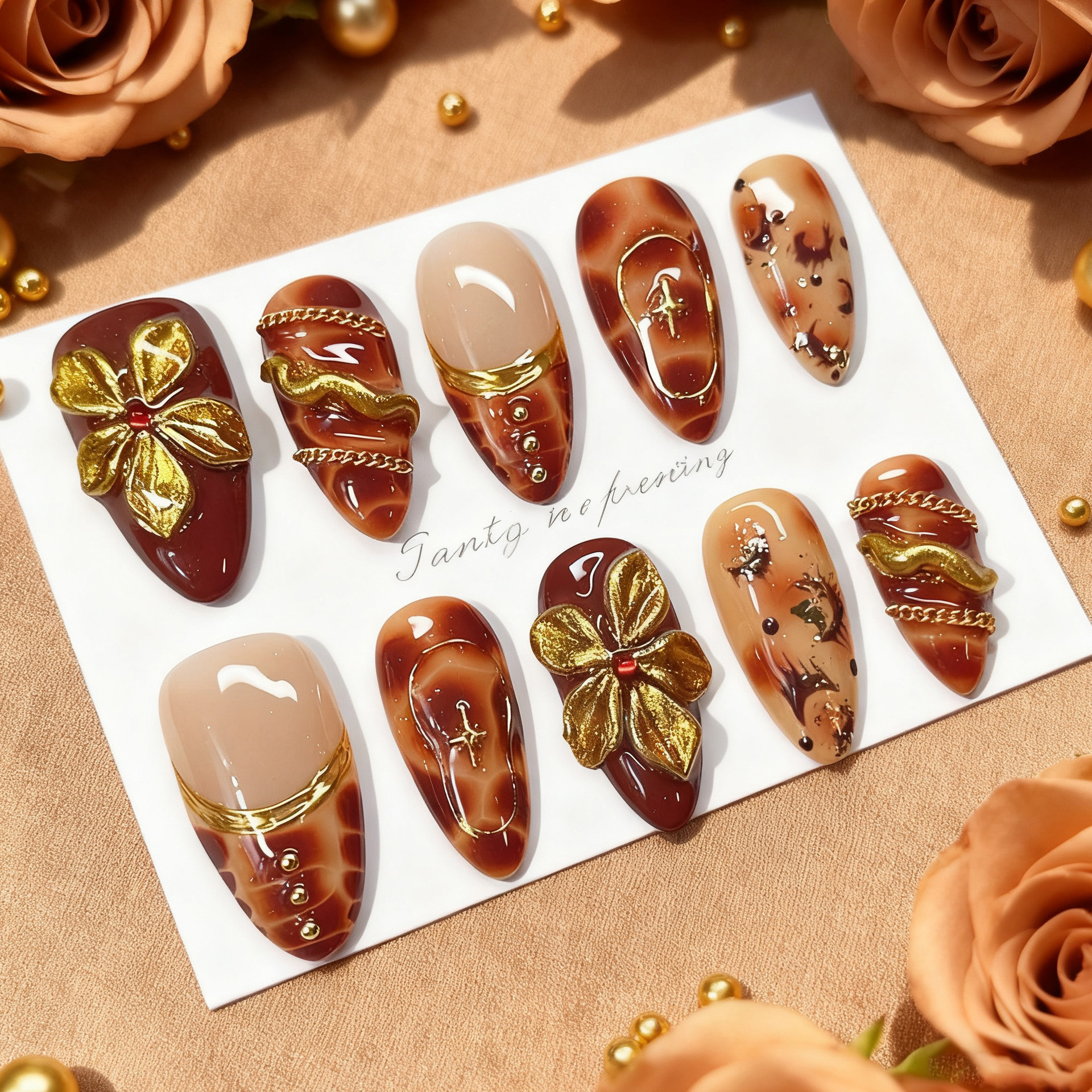 24pcs Flower False Nails Brown - Pressed Flower Art avaliação e preço