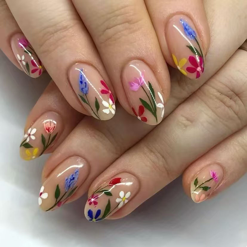 24Pcs Simple Almond Nails Tips - Pressed Flower Art avaliação e preço
