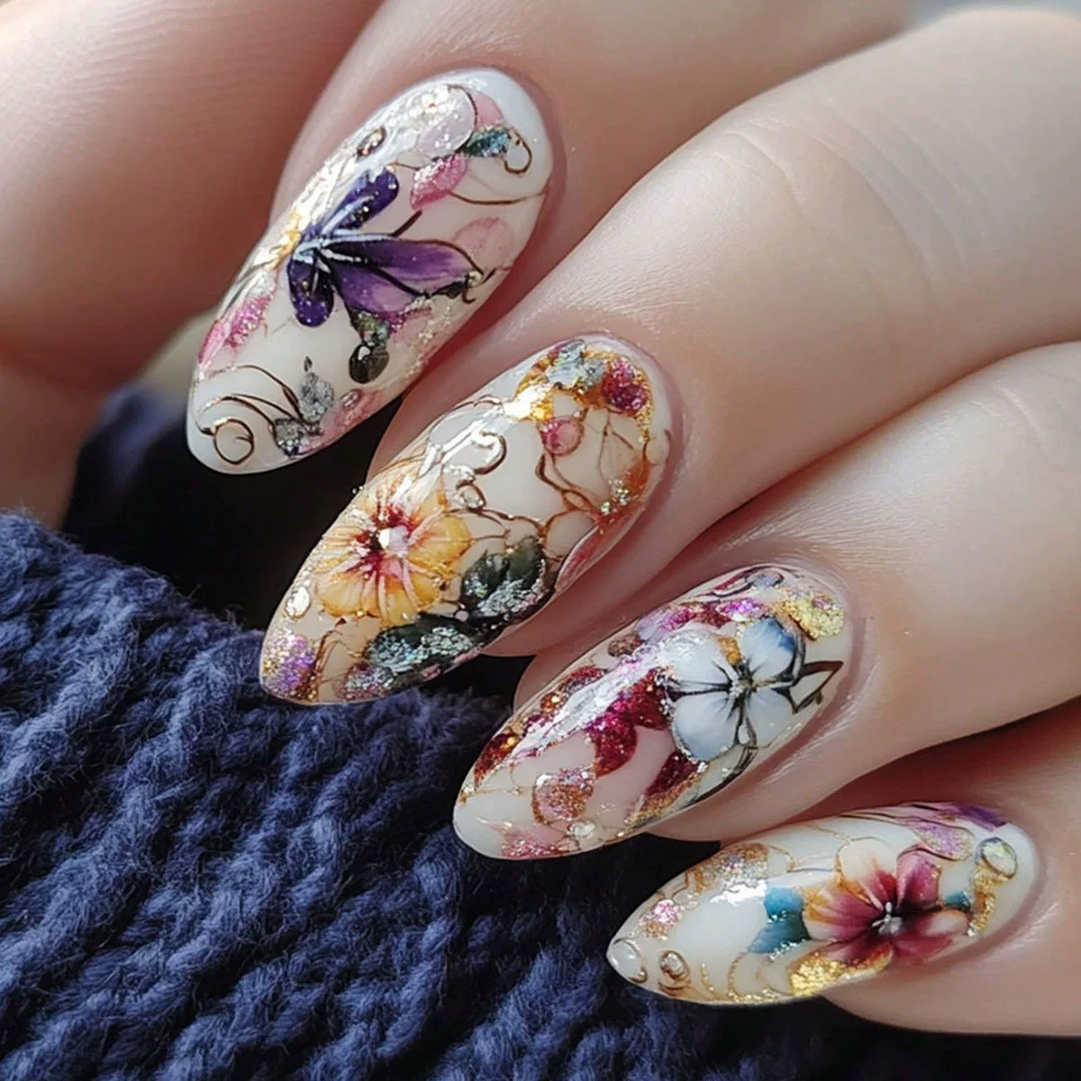 24Pcs Simple Almond Nails Tips - Pressed Flower Art avaliação e preço