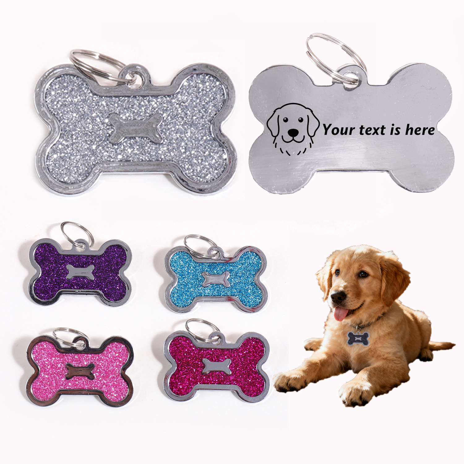 Glitter Custom Text Dog Tags C - Pet Portrait Custom avaliação e preço