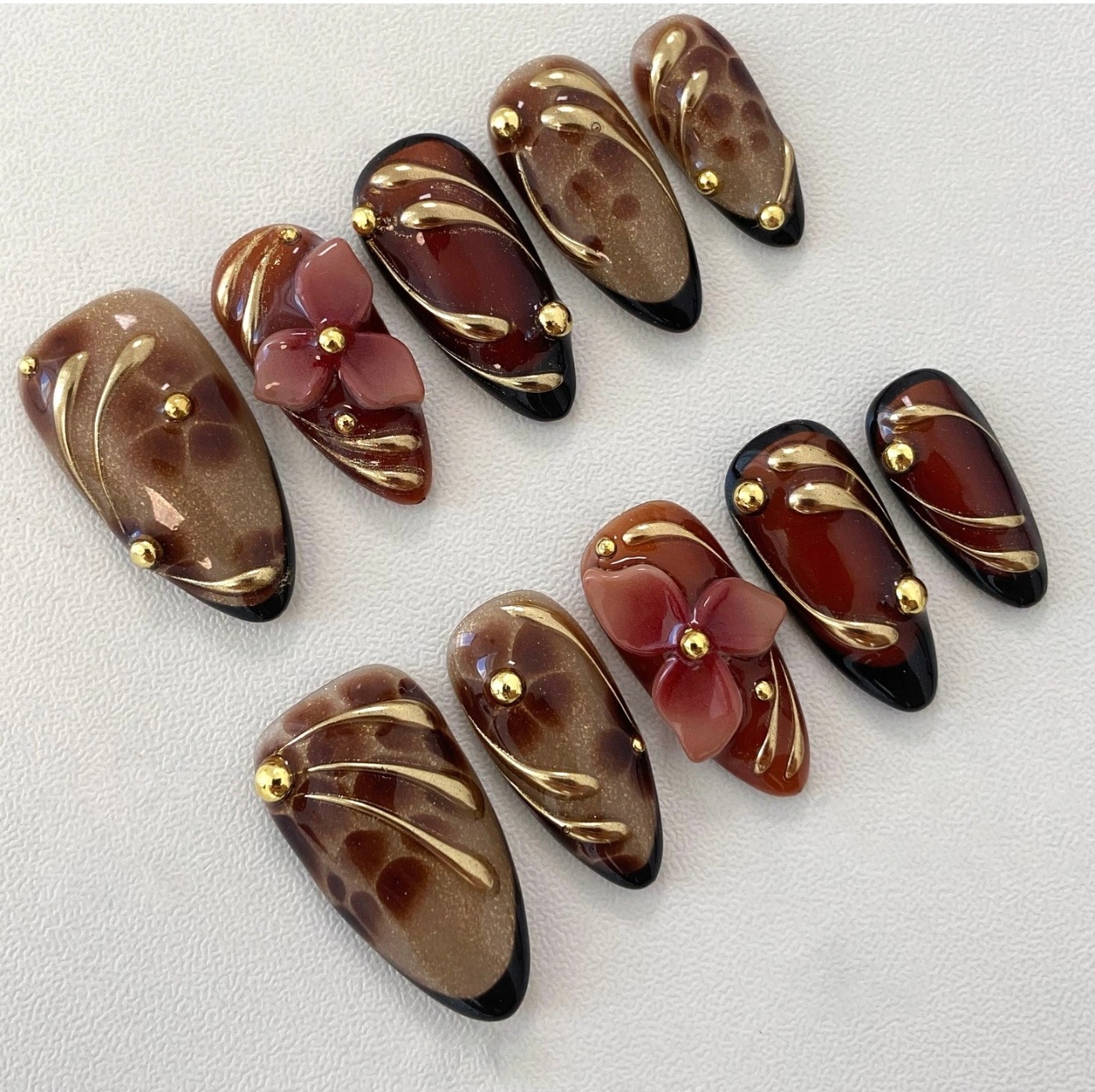 24pcs Leopard Print Brown Nail - Pressed Flower Art avaliação e preço