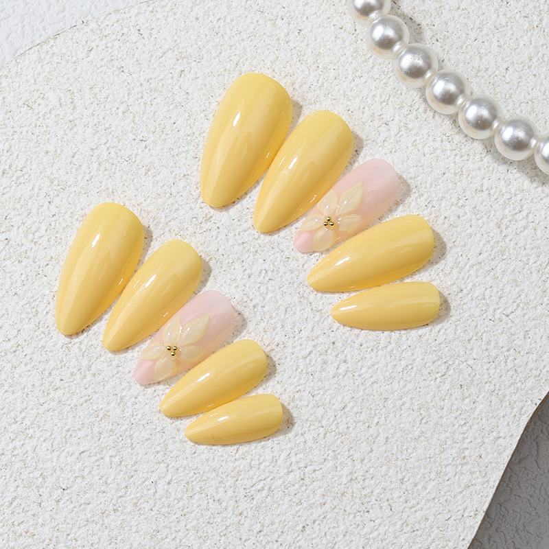 24PCS Yellow Almond Press On N - Pressed Flower Art avaliação e preço
