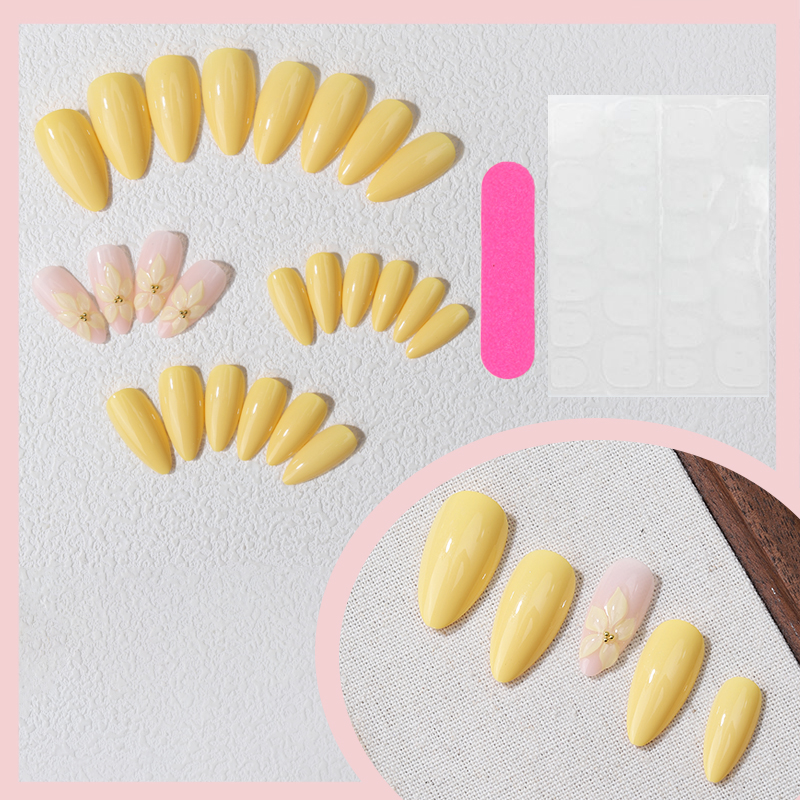 24PCS Yellow Almond Press On N - Pressed Flower Art avaliação e preço
