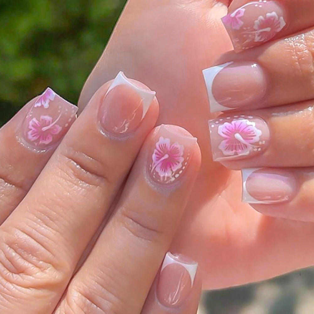 24Pcs French Flower False Nail - Pressed Flower Art avaliação e preço