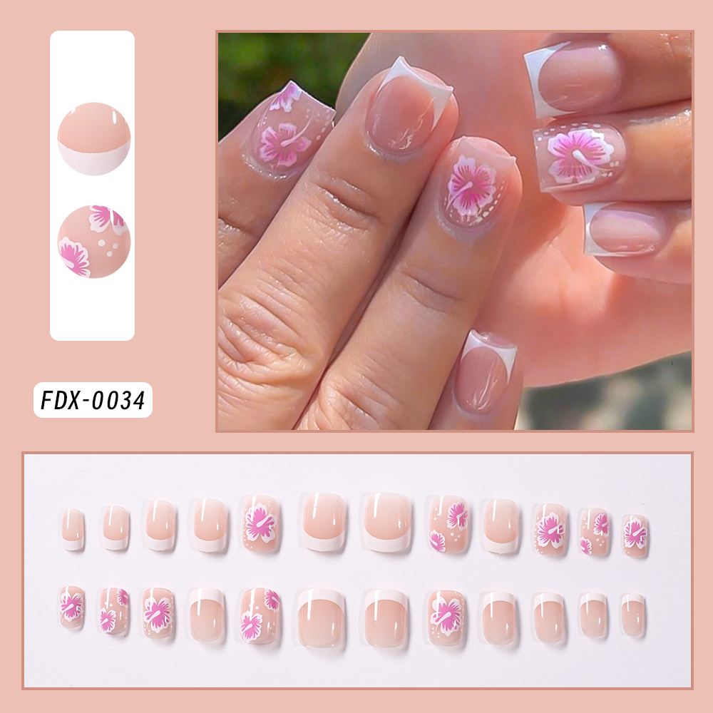 24Pcs French Flower False Nail - Pressed Flower Art avaliação e preço