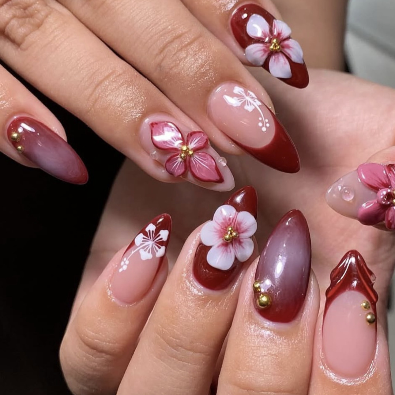 24pcs Red French Press on Nail - Pressed Flower Art avaliação e preço