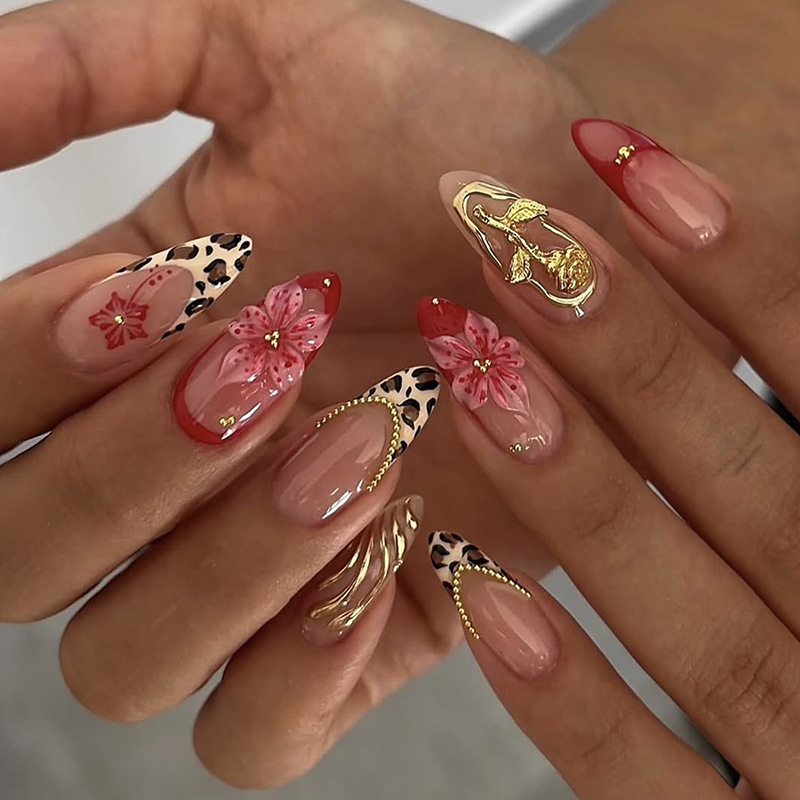 24pcs Red French Press on Nail - Pressed Flower Art avaliação e preço